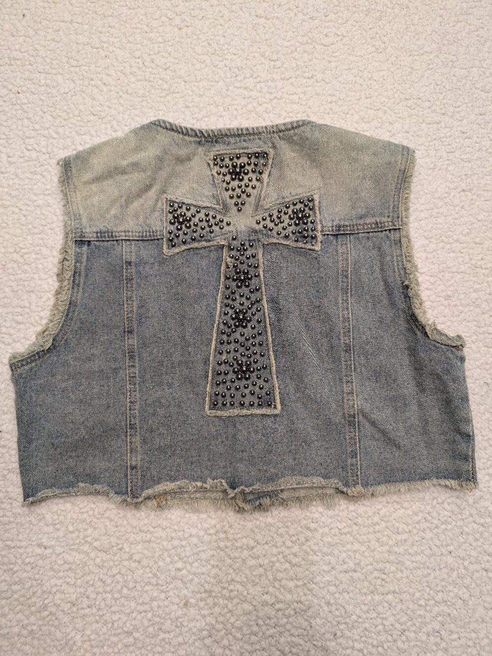 Studded Distressed Denim Biker Vest XL
